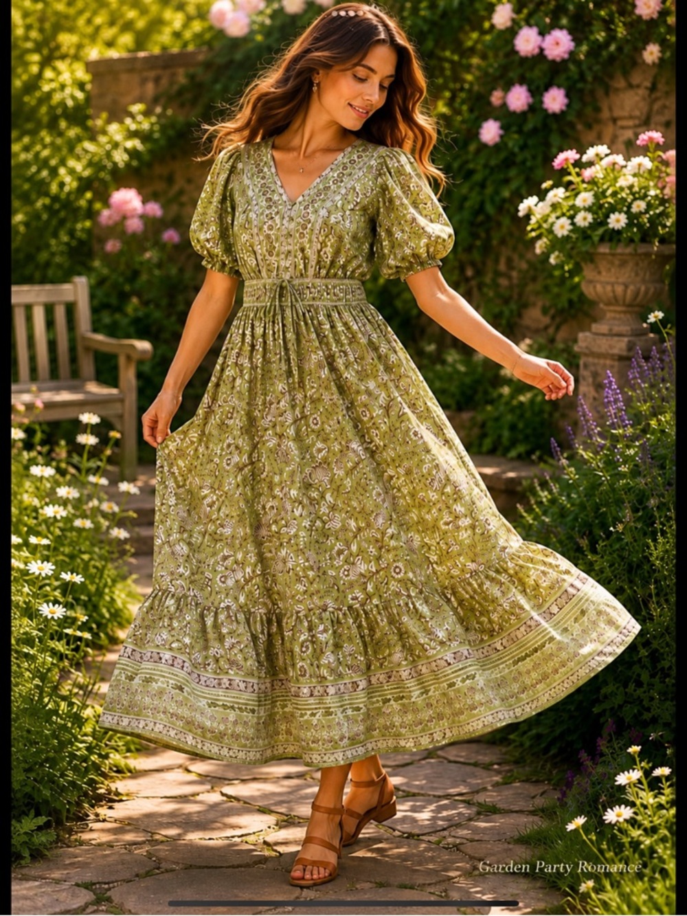 Celery Green Floral Cottagecore Boho Dress Puff Sleeve Garden Party Prairie Dres
